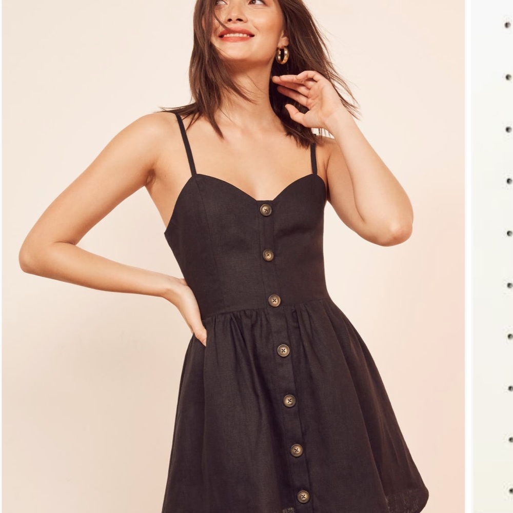 Reformation Vela 100% linen adjustable strap mini sun dress in black size 0